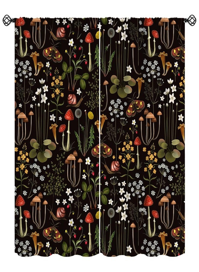 KANEPE Retro Mushroom Curtains, Fairy Forest Flowers Vintage Botanical Mushroom Black Background Window Treatments, Rod Pocket Thermal Insulation Drapes for Living Room Kitchen Decor, 42" W X 45" L - Image 1